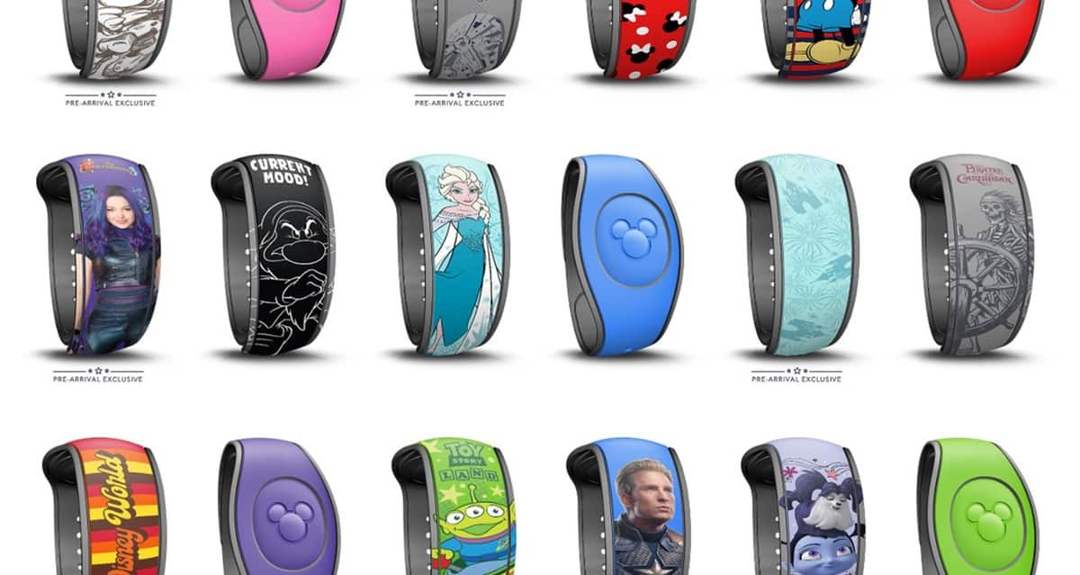 Fifteen vibrant Disney MagicBands in three rows highlight beloved characters and attractions—must-haves for Disney Park fans.