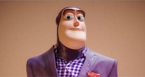 Buzz Lightyear strikes a confident pose in a purple checkered shirt and blazer, ready to delight Disney park guests.