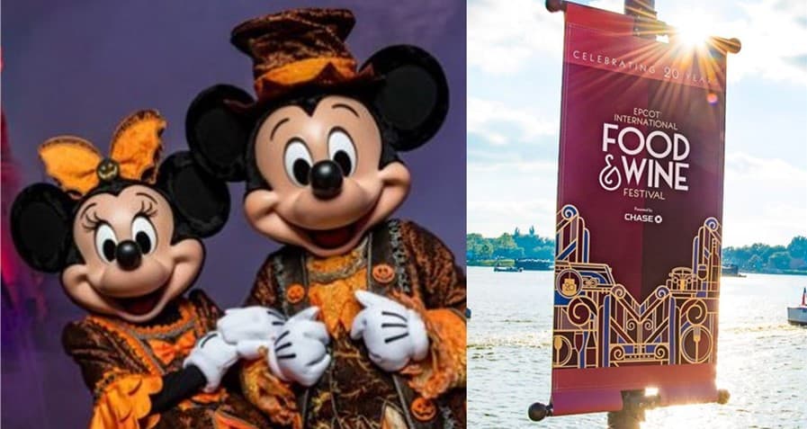 Minnie and Mickey Mouse in Halloween costumes celebrate by World Showcase Lagoon, posing at the EPCOT Food & Wine Festival sign.