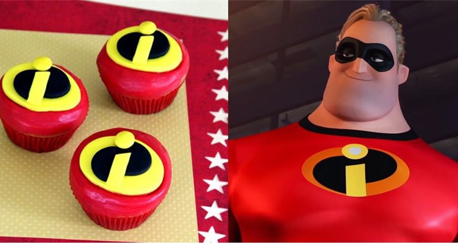 Mr. Incredible cupcakes with The Incredibles logo displayed next to Mr. Incredible at Disney's Hollywood Studios—superhero treats for fans!.