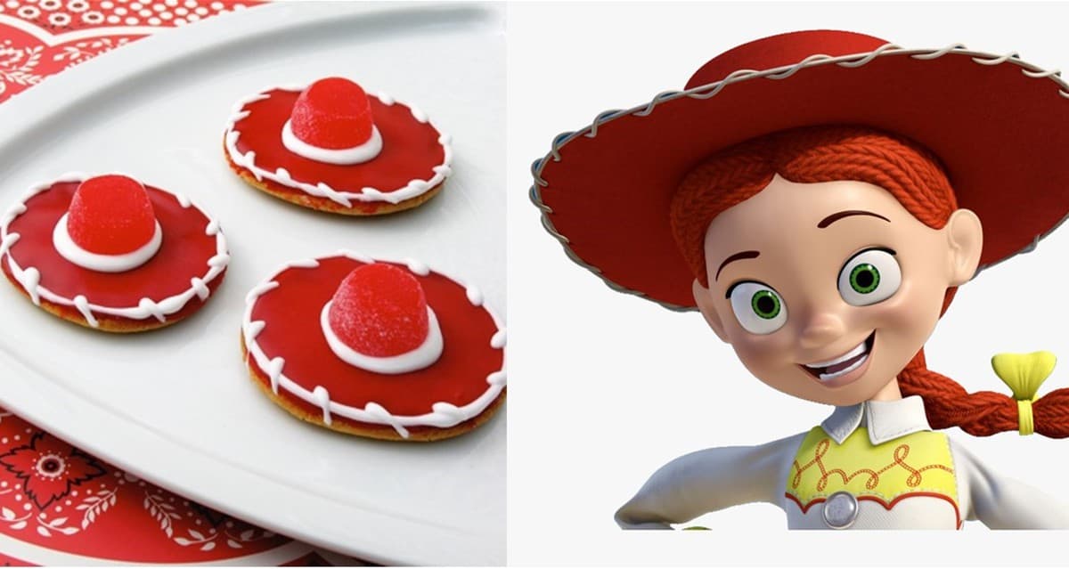 Three Jessie’s red cowgirl hat cookies beside Jessie from Toy Story—fun treats inspired by Disney•Pixar’s Toy Story Land!.