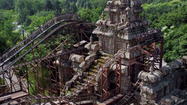 Indiana Jones and the Temple of Peril coaster twists through lush jungle at Disneyland Paris, delivering intense thrills.
