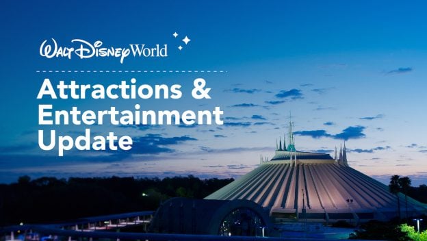 Space Mountain glows at dusk as Walt Disney World shares exciting phased reopening updates against a vibrant evening sky.