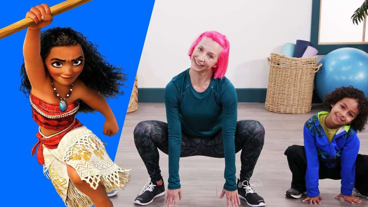 Moana inspires a lively indoor workout as families join in fun fitness moves beside her iconic oar and animated spirit.