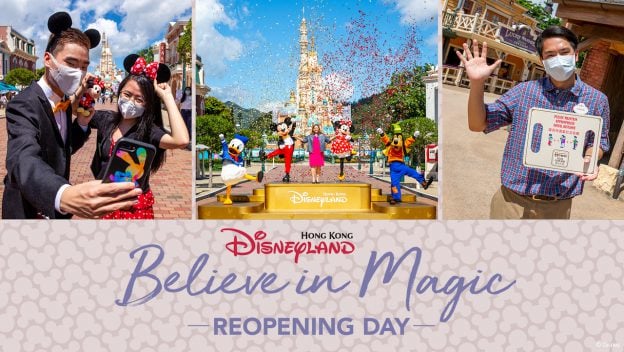 Guests in face masks join Mickey Mouse and friends at Hong Kong Disneyland’s reopening amid colorful, festive decorations.