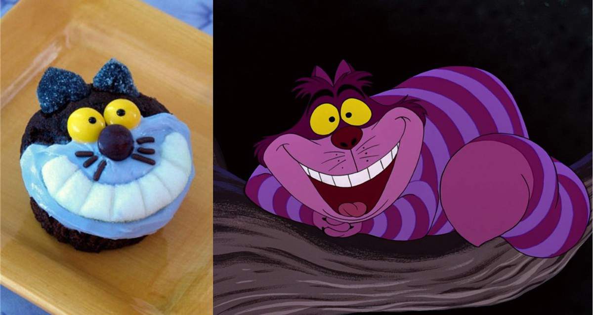A Cheshire Cat cupcake with playful details sits beside an Alice illustration, bringing Wonderland magic to your Disney park treats.