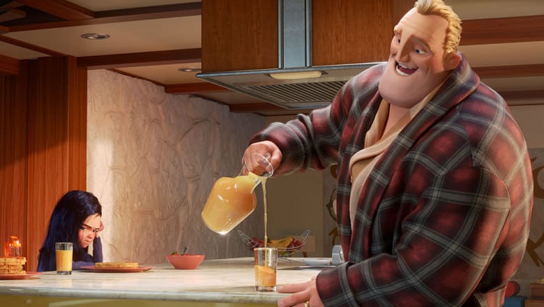 Mickey Mouse pours a drink into a glass, excited to savor it with delicious waffles during a magical Disney World breakfast.