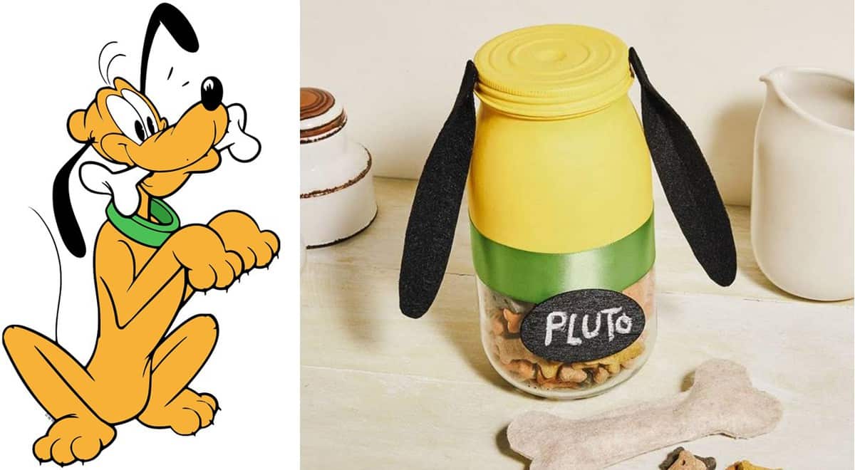 Pluto from Disney Parks sits next to a Pluto-themed treat jar, filled with goodies and a bone cookie, ready for guests to enjoy.