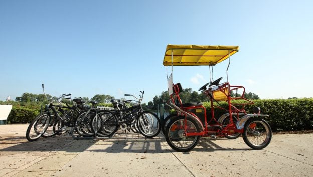 Black bicycles and a yellow surrey bike await guests on a sunny Disney path, ready for fun and adventure in the park.