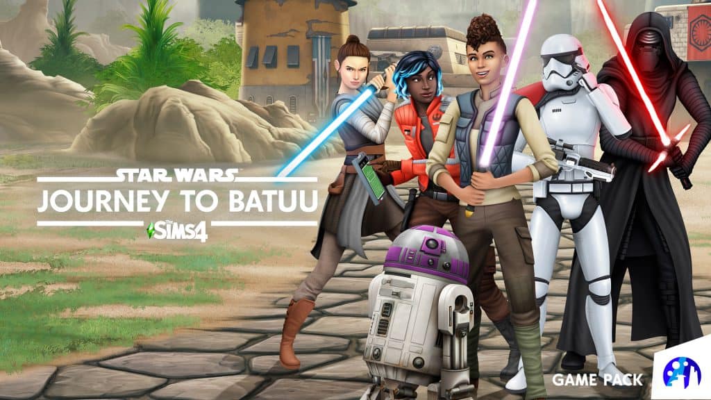 Sims characters wield lightsabers with Star Wars droids, stormtroopers, and Kylo Ren on Batuu for Galaxy’s Edge anniversary.