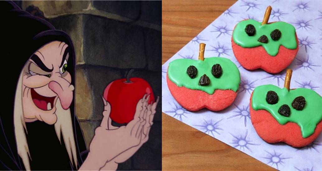 The Evil Queen presents a red apple beside poison apple cookies, a chilling snack inspired by Disney’s Snow White villain.