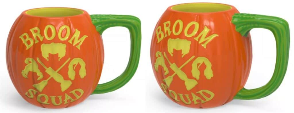 Pumpkin-shaped "Broom Squad" mugs with green handles channel Magic Kingdom Halloween vibes, topped with playful witch graphics.