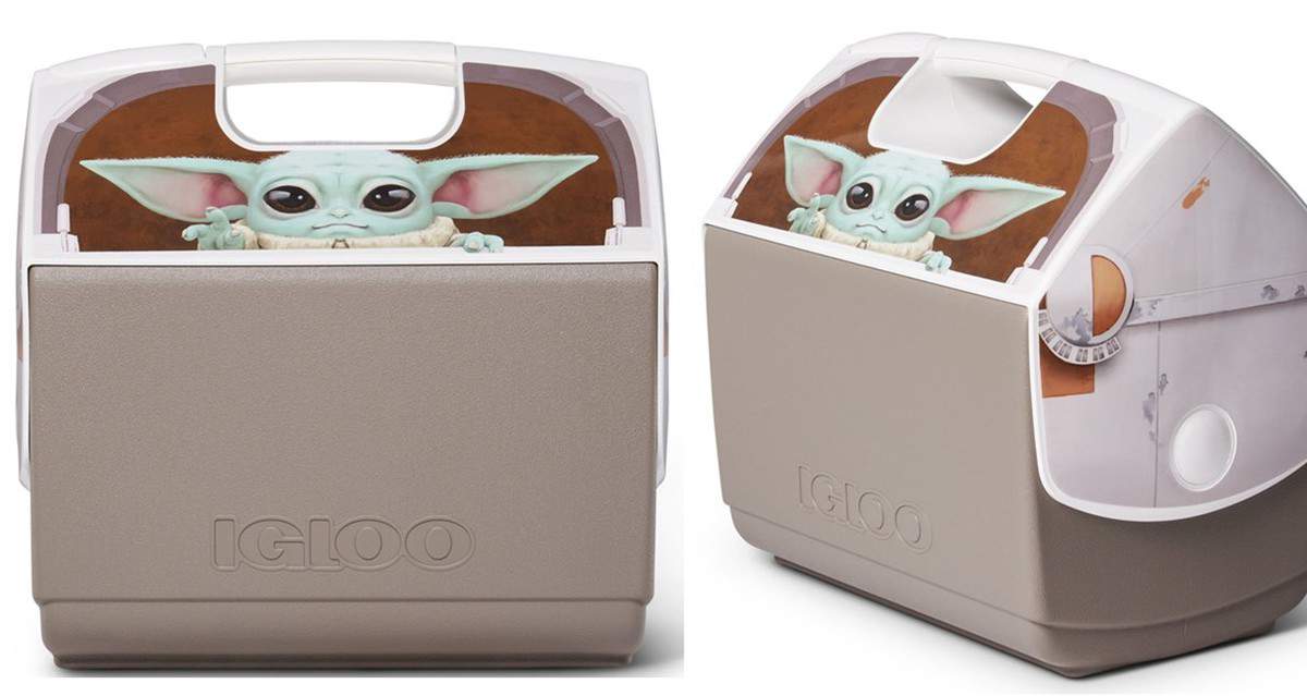 An Igloo cooler with Baby Yoda from Star Wars featured on the lid, perfect for your next adventure at Galaxy’s Edge.
