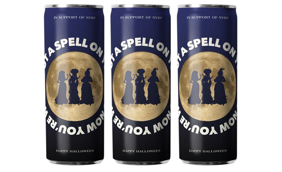 Hocus Pocus-themed wine cans with witches in moonlight and “Put A Spell On You” label—perfect for sipping at Halloween events.
