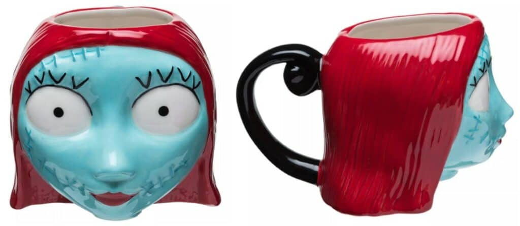 Sally-inspired blue ceramic mug with stitched details and red hair, shown from two angles—part of Target’s Disney Halloween merch.
