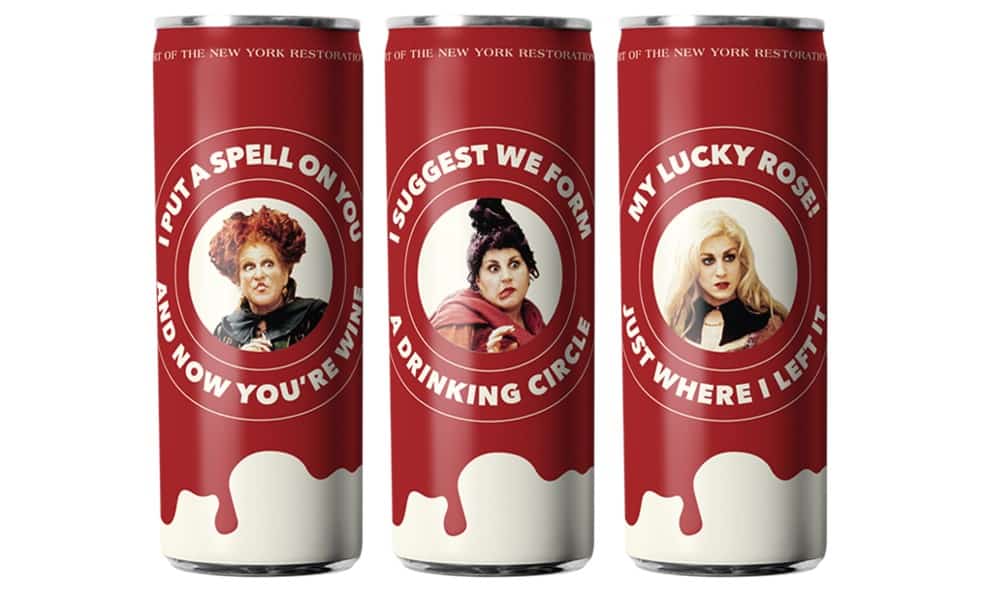 Three red and white drink cans featuring Sanderson Sisters artwork and playful quotes—ideal collectible sips for Hocus Pocus fans.