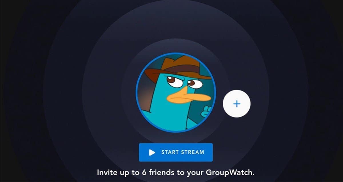Perry the Platypus in his signature hat stands by "Start Stream," inviting friends to join Disney+ GroupWatch for shared fun.