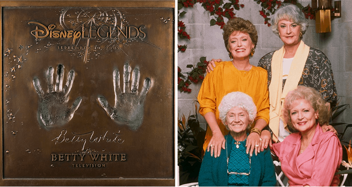 Left: Betty White’s Disney Legends plaque at Disneyland. Right: The Golden Girls cast beaming, honoring 35 years of TV magic.