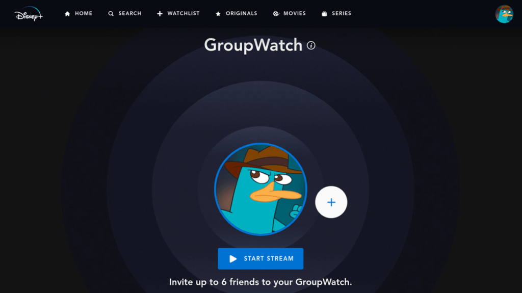 Disney+ GroupWatch screen with Perry the Platypus avatar and “Start Stream” button, bringing Disney magic to home movie nights.