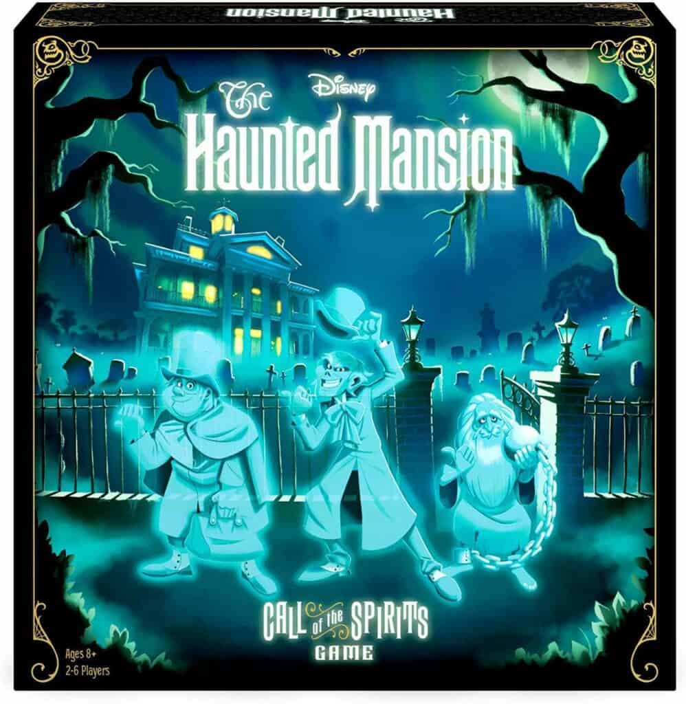 Disney Haunted Mansion board game box featuring iconic blue ghosts outside the mansion—ideal for Disney Parks fans at Halloween.