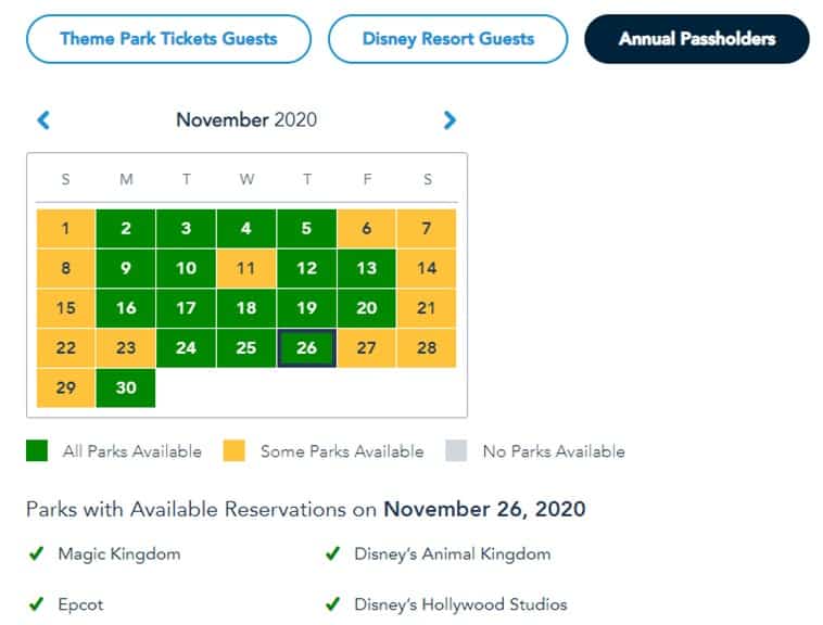 Disney park availability calendar for November 2020; all parks open to Annual Passholders on Thanksgiving, November 26.