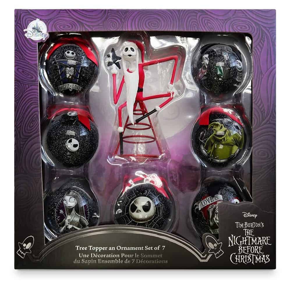 Nightmare Before Christmas ornament set at Disney Parks, including 7 character-inspired ornaments with ball designs and a Jack Skellington tree topper—perfect for fans looking to bring a touch of Tim Burton magic home from their visit.