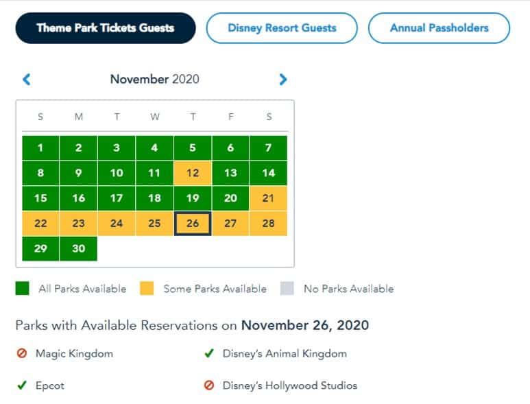 November 2020 park reservation calendar for Annual Passholders; limited Disney Park Passes for Thanksgiving on November 26.