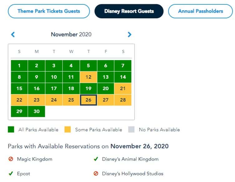 November 2020 calendar displays Disney Park Pass color-coded availability for resort guests and Annual Passholders, highlighting Thanksgiving.