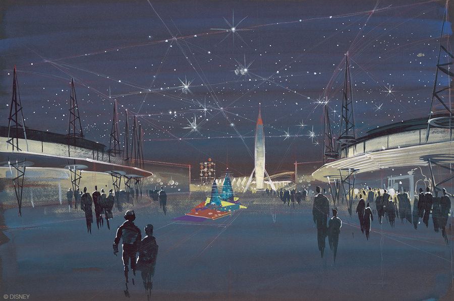 Guests stroll through a dazzling, star-lit plaza featuring an impressive rocket and vibrant centerpiece, capturing the uplifting magic of Disney and the thrill of space exploration.