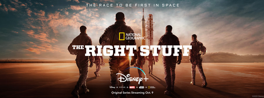 Astronauts in suits stride toward a rocket at sunrise, channeling Disney’s legendary space stories. "The Right Stuff" and Disney+ logos shine.