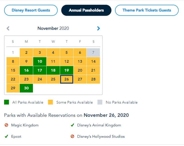 Disney park reservation calendar for November 2020 showing Thanksgiving Day, November 26, with only Epcot at Walt Disney World still offering available reservations.