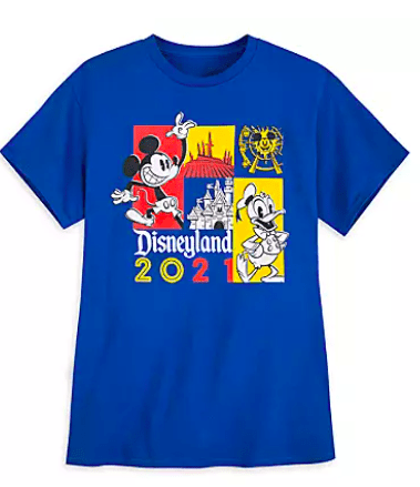 Blue Disneyland 2021 t-shirt showcasing iconic Disney favorites Mickey Mouse and Donald Duck, alongside a vibrant castle and Ferris wheel graphic—an exclusive release from the Disney Parks 2021 Collection, perfect for ringing in the New Year with magical park memories.