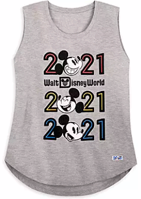 Celebrate the magic of Disney Parks with this gray tank top showcasing “2021 Walt Disney World” and three uniquely styled Mickey Mouse faces, making it an ideal addition for fans looking to commemorate the New Year or expand their 2021 Disney collection.