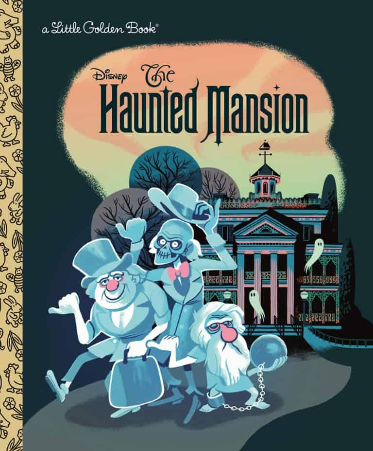 The iconic Hitchhiking Ghosts pose in front of the Haunted Mansion, with "The Haunted Mansion" displayed above them in a whimsical, classic Disney font that channels the nostalgic look of a Little Golden Book—perfectly capturing the playful spirit found at Disney Parks.
