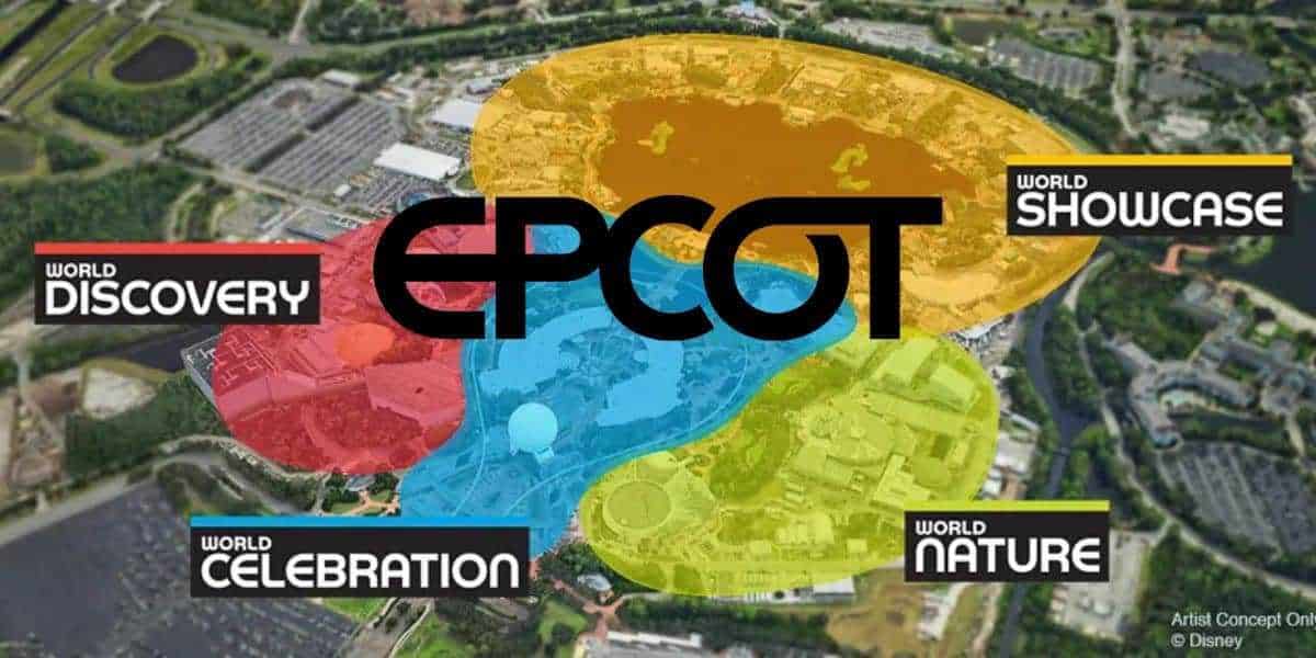 An aerial view map of EPCOT at Disney World Resort is divided into four colored sections labeled: World Discovery (red), World Celebration (blue), World Nature (yellow), and World Showcase (orange). The EPCOT logo is prominently displayed in the center, highlighting the EPCOT Four Neighborhoods.