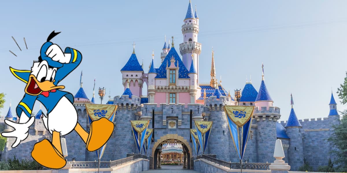An animated Donald Duck in his sailor outfit covers his head with one hand, standing in front of Disneyland's Sleeping Beauty Castle. The castle, featured in the vibrant Disney Park, boasts blue and pink accents under a clear blue sky.
