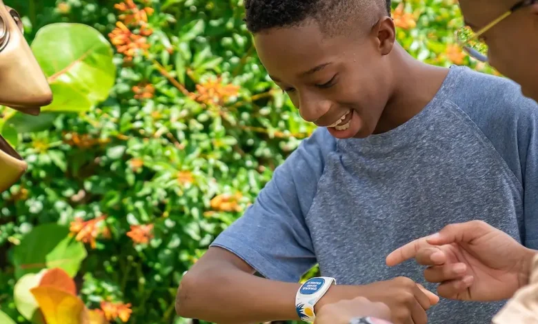 A smiling boy looks at a colorful MagicBand+ at Disney World. Disneyland MagicBand+