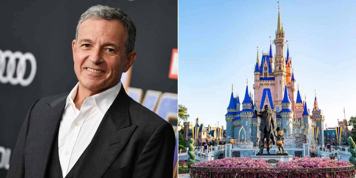 Former Disney CEO Bob Iger smiles beside Cinderella Castle at Disney World, capturing the excitement and wonder of Disney’s theme park experience.
