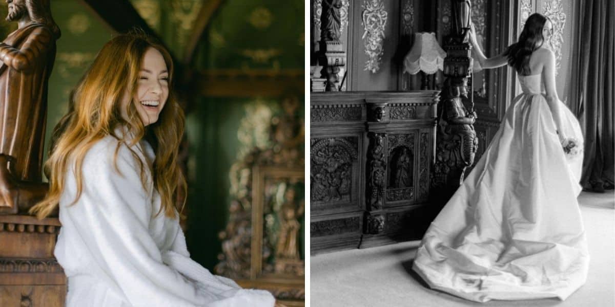 karen gillan on her wedding day and in her wedding dress