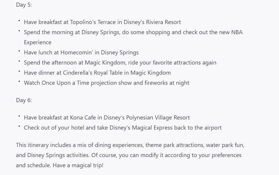 Chat GPT Disney Vacation Planning