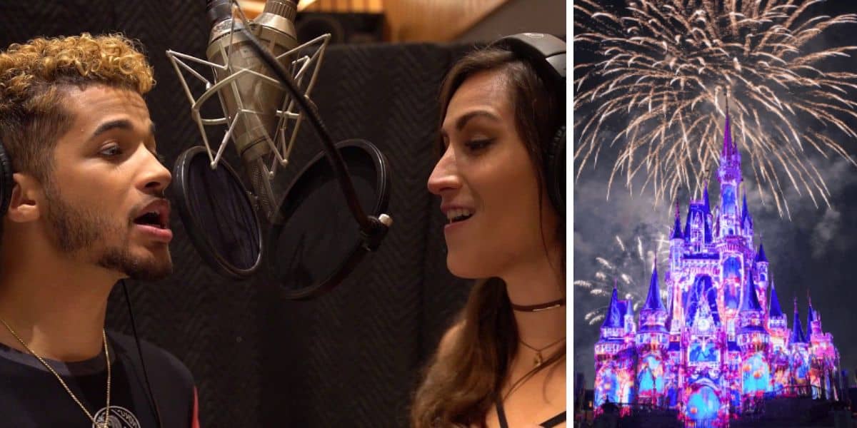 jordan fisher and angie keilhauer singing next to cinderella castle