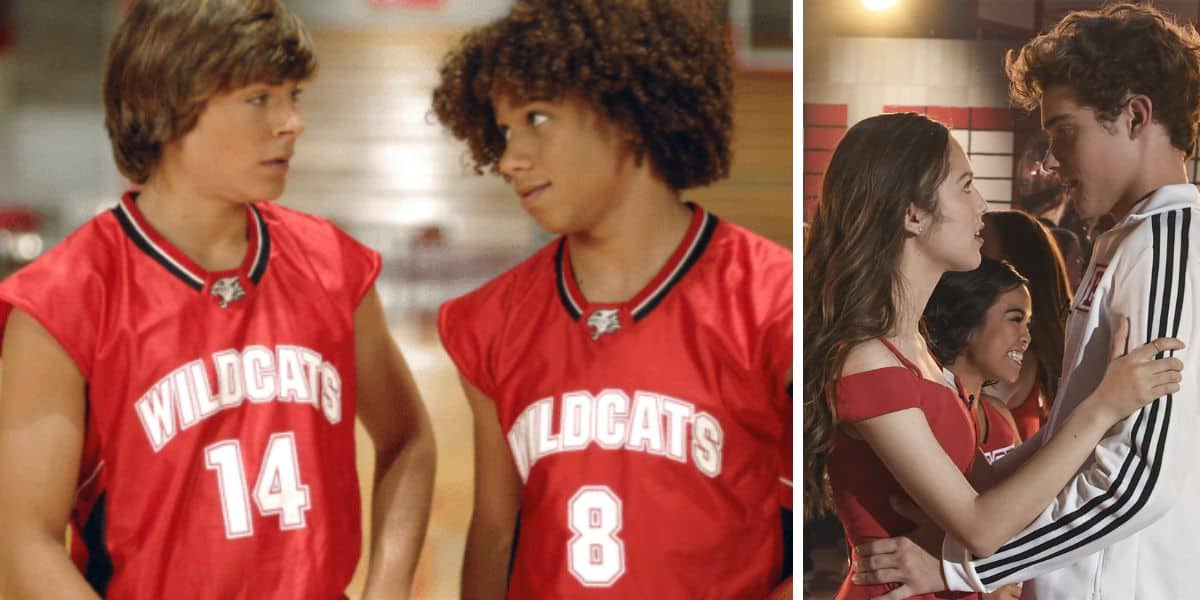 high school musical's troy and chad look on as joshua bassett and olivia rodrigo dance in high school musical series