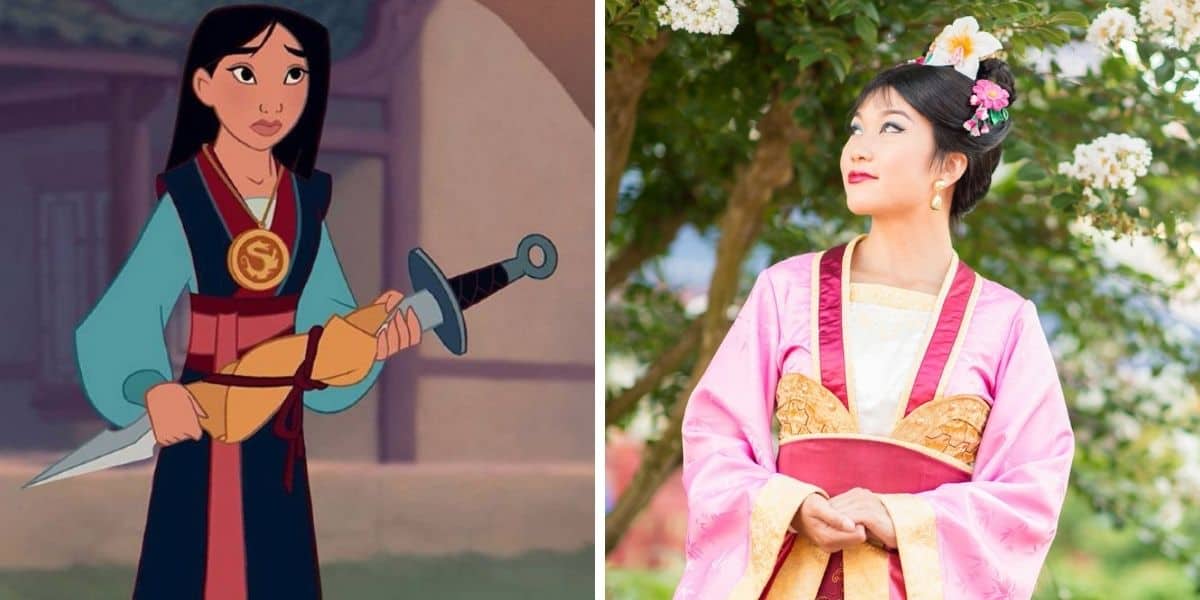 animated mulan sadly looks at costumed mulan from disney parks