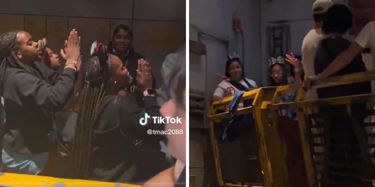 two cheerleading squads battling while in line for disney ride