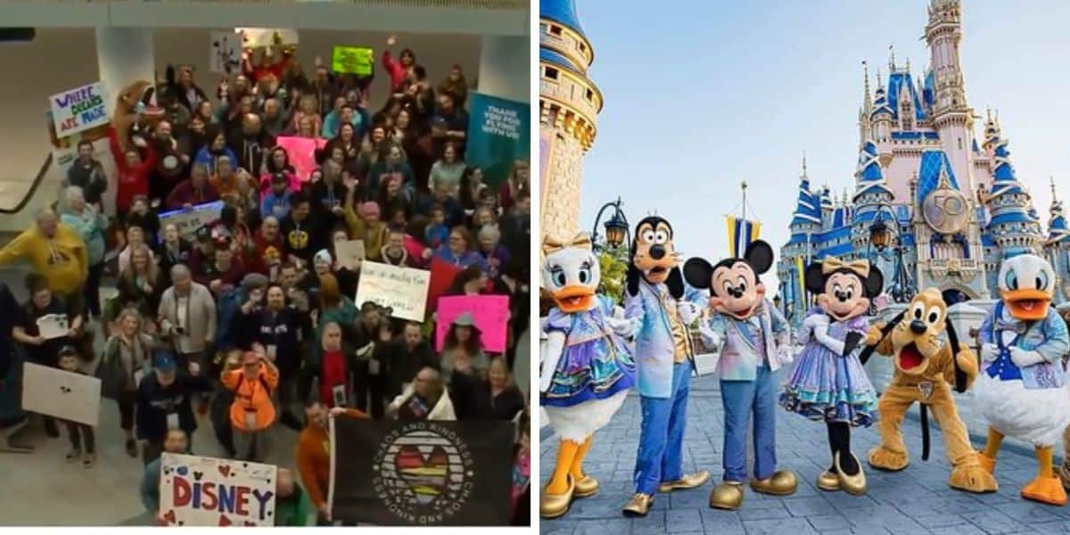 lafayette house residents leaving airport and waving, and disney characters at cinderella castle