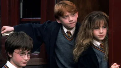 Harry Potter, Ron Weasley, and Hermione Granger outside the Hogwarts Express