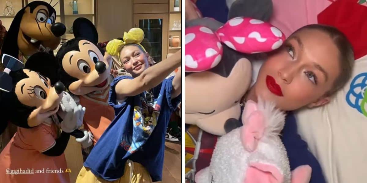 gigi hadid with disney characters and disney stuffed animals