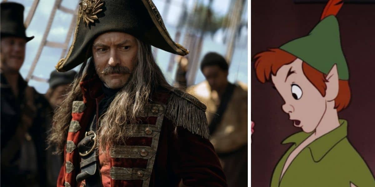 peter pan gasps as captain hook frowns at him