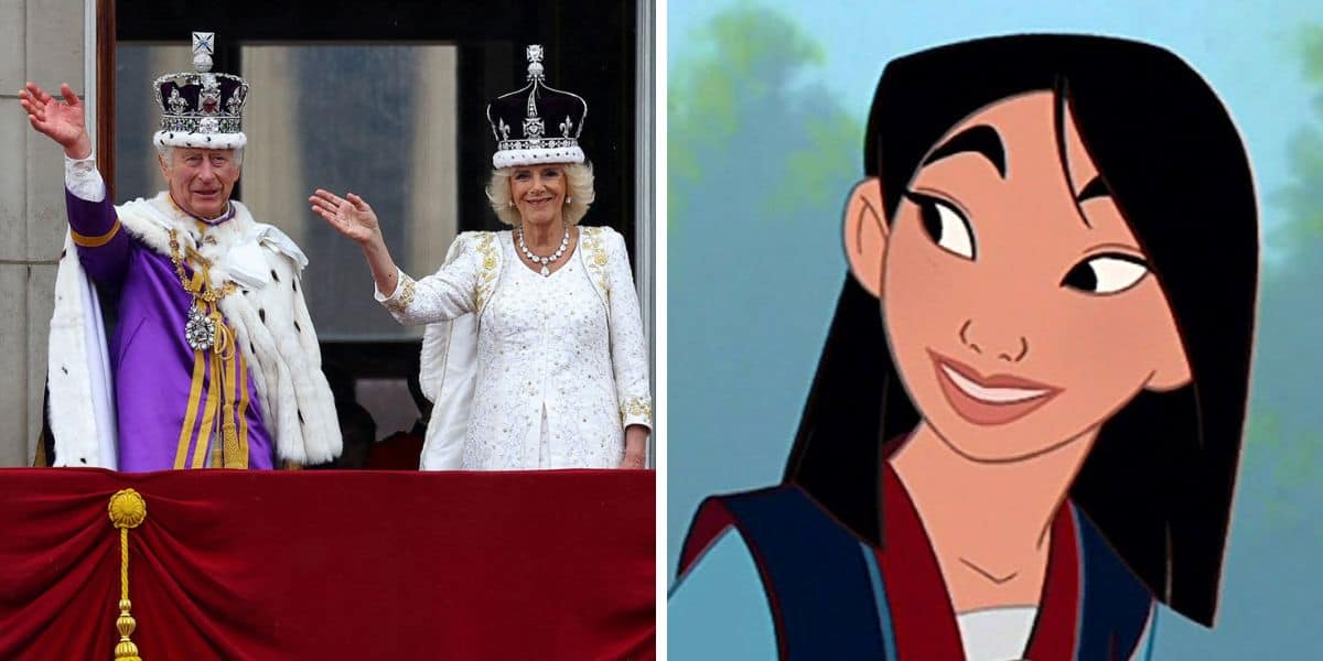 king charles and camilla being smiled at by mulan