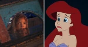 halle bailey as ariel and a sad ariel from the animated movie